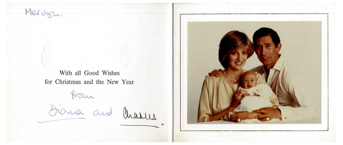 Princess Diana and Prince Charles Signed Christmas Card From 1982 -- With Family Portrait of Prince William as an Infant